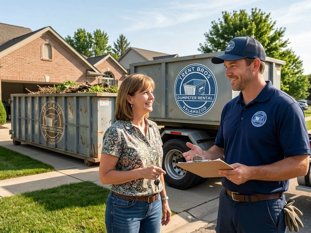 Speaking with a Trent Bros Dumpster Rental Kalamazoo driver beside a roll-off container